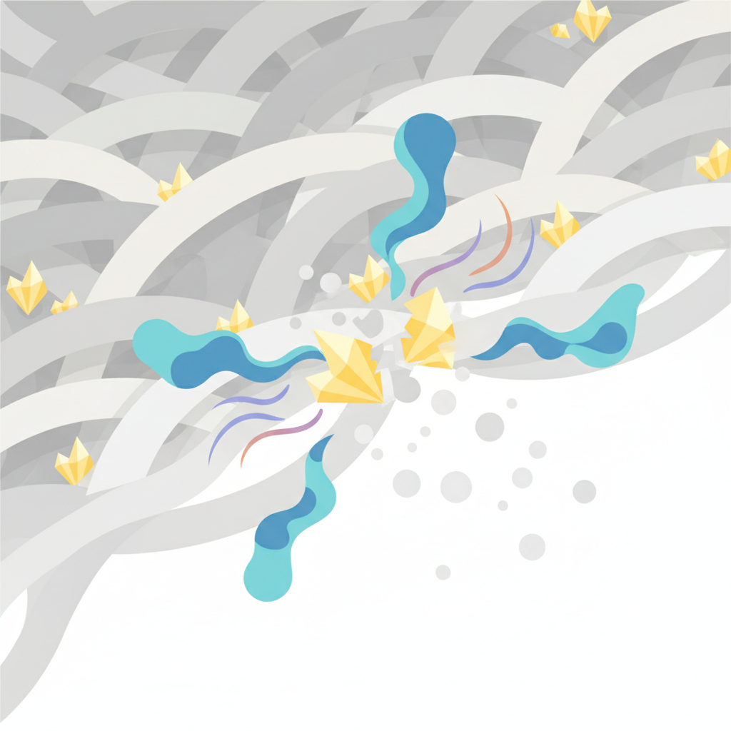 An abstract, clean flat illustration in an infographic style, depicting a magnified cross-section of carpet fibers. Within the intricate fibers, small, sharp, stylized crystal-like structures, representing uric acid, are embedded and scattered, some emitting faint, wavy lines to symbolize their persistent odor. Dynamic, fluid shapes, representing enzyme molecules, are actively breaking down these crystals into smaller, neutral, dissipating particles. The color palette should be professional and calming, transitioning from a slight yellow hue around the crystals to a neutral, clean white or grey in the 'neutralized' areas, illustrating the scientific process of odor elimination.