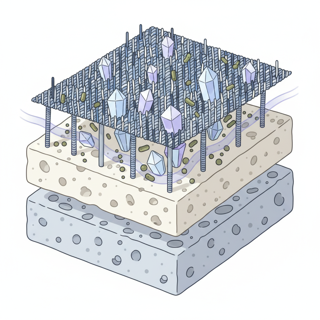 A detailed, cutaway infographic illustration of a car seat's upholstery. Show a magnified cross-section of fabric fibers and the underlying foam layers. Embedded deep within the fibers and foam are numerous stylized, crystalline structures, representing uric acid crystals. Small, abstract bacterial shapes are also visible near the crystals. Subtle, abstract wavy lines emanate from these crystals, visually conveying the idea of deeply embedded, persistent problematic elements within the seat material. The color palette should be clean and scientific, emphasizing the microscopic details.