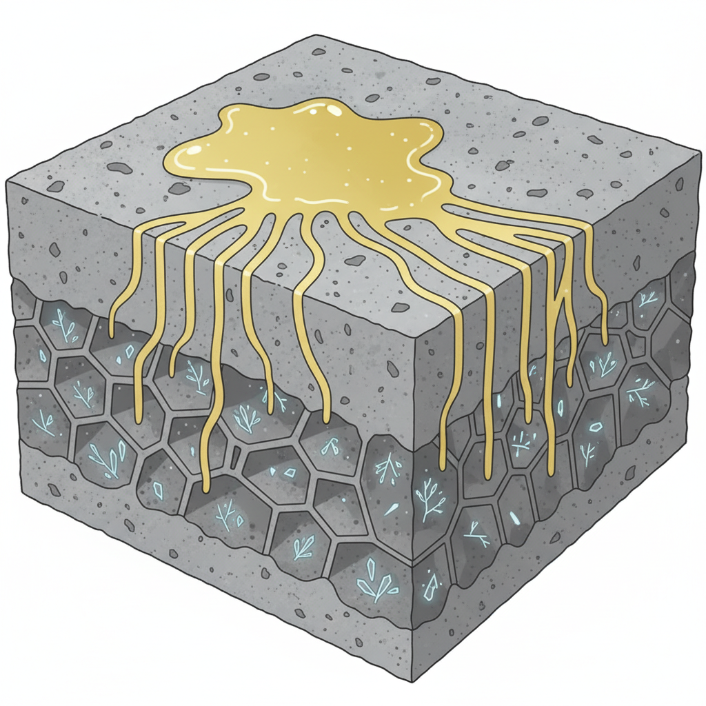 A detailed scientific cross-section illustration of a concrete slab. The upper surface shows a fresh puddle of cat urine, which is visibly seeping into the highly porous structure of the concrete. Deeper within the concrete's matrix, microscopic, crystalline structures, representing uric acid deposits, are clearly embedded. The concrete itself appears with a textured, gray finish, while the penetrating urine is depicted as a slightly yellowish liquid. The overall image should convey the deep penetration and the formation of hard-to-remove crystals, emphasizing the challenging nature of the problem. A clean, infographic style.