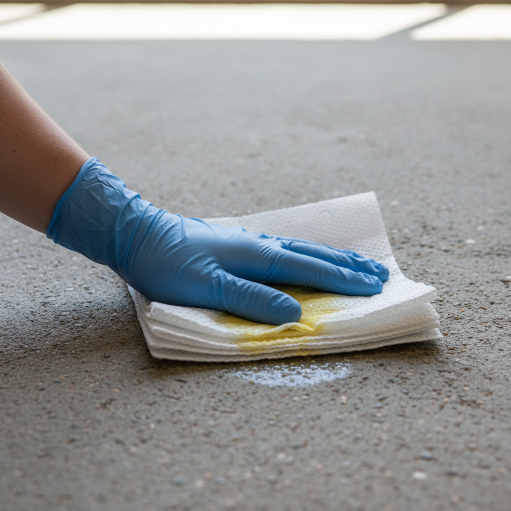 A realistic, professional photo focusing on a practical immediate action. The scene depicts a close-up of a concrete garage floor or patio with a distinct, fresh cat urine stain. A person's hand, wearing a blue disposable glove, is firmly pressing a thick stack of white, absorbent paper towels onto the wet stain. The paper towels are visibly soaking up the yellowish liquid, demonstrating the crucial first step of immediate cleanup. The concrete surface should appear slightly rough and grey, highlighting the absorbency. The lighting should be bright and natural, emphasizing clarity and practicality.