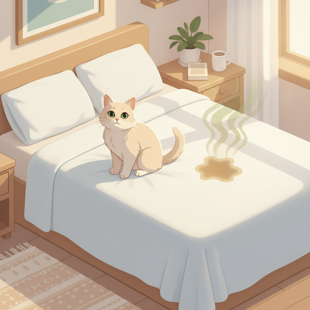 A cozy bedroom scene featuring a neatly made bed with white linens. On one side of the bed, a fluffy, domestic cat sits calmly, looking curious. A subtle, transparent, wavy aura, representing an unpleasant odor, emanates from a small, slightly darker, damp-looking spot on the mattress or bedding, visible near the cat's hindquarters. The overall mood is soft and domestic, with warm lighting, indicating a common household problem without being overly graphic. The focus is on the contrast between the otherwise clean environment and the hidden issue. Style: Soft, warm flat illustration with gentle shadows and a comforting, inviting domestic aesthetic.