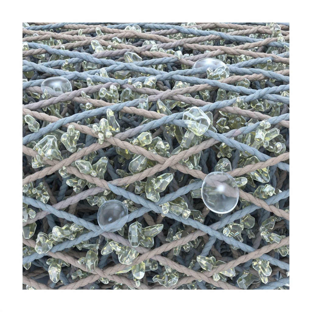A detailed close-up, cross-section view of mattress fibers, depicted as intricate, interwoven fabric strands. Within these fibers, numerous microscopic, crystalline particles, representing uric acid, are deeply embedded and appear to cling tenaciously, some emitting a faint, persistent glow. A few transparent drops of liquid, symbolizing cleaning solution or water, are shown attempting to penetrate the fibers and encapsulate these embedded crystals, but visually convey the challenge of fully dislodging them. This illustrates the difficulty of thorough urine removal and the persistence of odor-causing residues. Style: Detailed infographic-style illustration with a clean, scientific aesthetic, using a muted color palette with subtle highlights for the crystals and liquid.