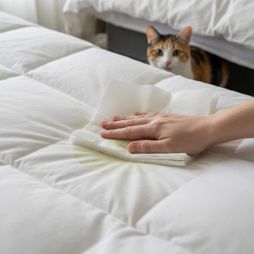 A close-up, professional photo capturing the immediate aftermath of a cat urinating on a duvet. The image shows a human hand gently blotting a visible, slightly damp stain on a fluffy white duvet with a stack of absorbent paper towels. A fluffy, domestic short-haired cat (e.g., a tabby or calico) is partially visible in the soft-focus background, perhaps peeking from under the bed or sitting nearby with an innocent expression, subtly implying its involvement without being accusatory. The scene should convey a sense of a common household problem being addressed quickly and carefully. The lighting should be soft and natural, emphasizing cleanliness and the delicate task of stain removal.