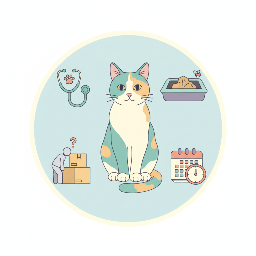 A clean, flat illustration depicting a stylized domestic cat sitting calmly in the center, surrounded by various small, illustrative icons representing different reasons for inappropriate urination. These icons could include: a tiny veterinarian's stethoscope, a slightly dirty or overflowing litter box, a moving box or a stressed-looking human figure (representing change/stress), and a small calendar or clock (for age/time). The overall composition should be bright and inviting, using a limited, harmonious color palette that is easy on the eyes. Each icon should be distinct and clearly convey its concept through visual metaphor. The background should be simple and uncluttered, emphasizing the informational aspect.
