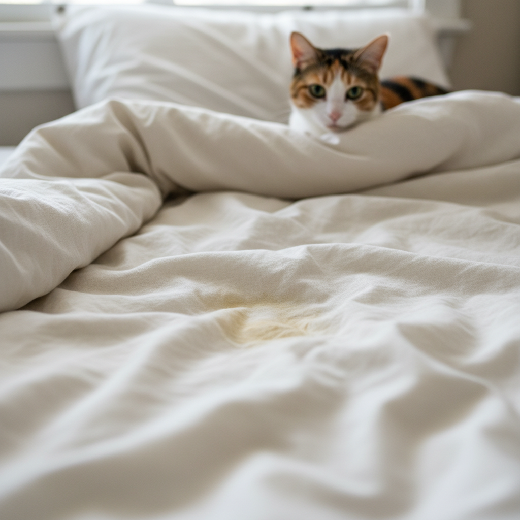 A close-up, professional photo showing crumpled, slightly damp-looking bed linen (a duvet cover or sheet) on a bed. There's a subtle, almost invisible 'stain' or discoloration on the fabric, indicating an accident. In the blurred background, a small, domestic short-haired cat peeks from behind a pillow, looking slightly anxious or contemplative. The lighting is soft, emphasizing the texture of the fabric and the quiet aftermath of the incident. The scene evokes a relatable moment for cat owners, focusing on the problem rather than the graphic details.