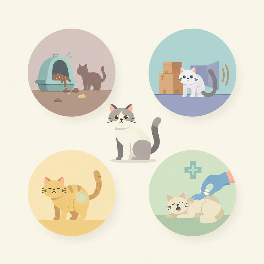 A clean, modern flat illustration depicting several common reasons for a cat urinating outside its litter box. The central focus is a stylized cat figure. Surrounding it are distinct, illustrative vignettes: an overflowing, dirty litter box, a stressed cat hiding near moving boxes or loud sounds, a cat looking uncomfortable or elderly with a subtle joint pain indicator, and a small depiction of a veterinarian's hand gently examining a cat or offering a pill. Each element is clearly distinct, using a harmonious, soft color palette to convey information without overwhelming the viewer.