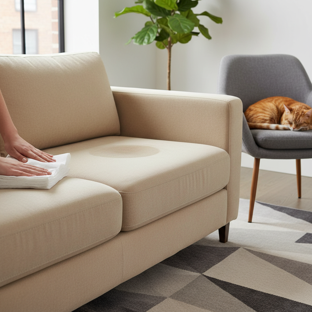 A professional photo in a bright, modern living room. The focus is on a stylish fabric couch, light grey or beige, with a slightly darker, damp-looking spot on one of the cushions, indicating a liquid stain. A person's hands are visible, firmly pressing several sheets of white paper towel onto the affected area, actively blotting. The scene emphasizes immediate, focused action and a clean, urgent effort to absorb the liquid, without showing any visible liquid itself. A small, domestic short-haired cat could be curled up sleeping peacefully on a nearby armchair, unaware, adding to the common scenario.