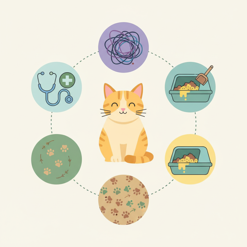 A stylized flat illustration depicting a conceptual overview of reasons cats urinate outside the litter box. The central element is a friendly, calm-looking domestic cat. Around the cat, arranged organically, are several distinct visual icons or mini-scenes: a small, simplified stethoscope or medical cross (for health issues), a chaotic swirl or abstract 'stress' lines (for anxiety), an overflowing or visibly dirty litter box (for litter box problems), and a subtle arrow or paw print pattern suggesting territory marking. The color palette should be soft and inviting, using vector art style.