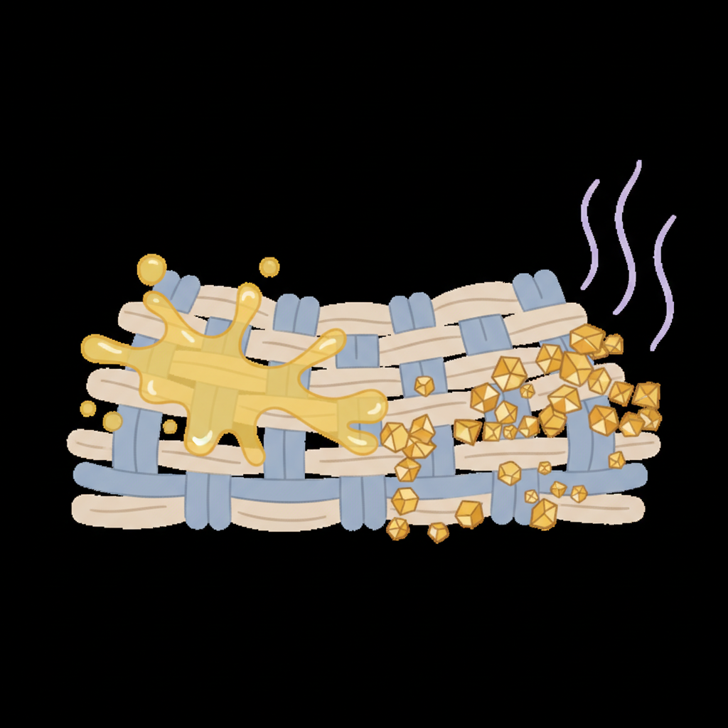 A conceptual flat illustration depicting the microscopic process of cat urine drying within fabric fibers. The illustration should show a cross-section of a textured blanket. One side shows liquid urine permeating the fibers. Transitioning to the other side, the urine is depicted as drying, with small, crystalline structures forming and clinging to the fabric strands. A subtle, wavy 'odor' symbol (purely visual, like a few squiggly lines) could emanate from the dry crystals, visually representing the persistent smell. The color palette should be clean and informative, using muted tones for the fabric and slightly more vibrant, but still conceptual, colors for the urine and crystals.