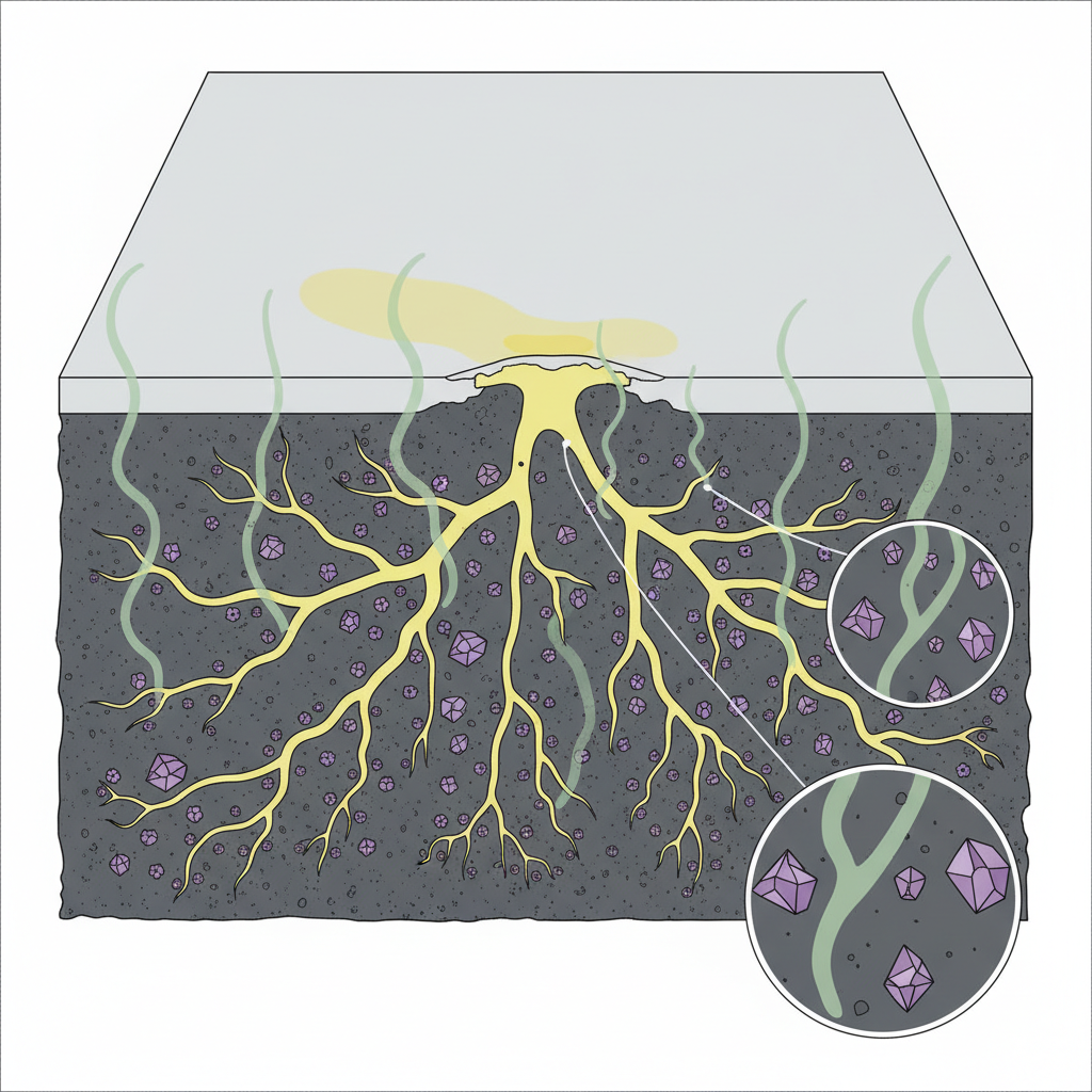 A detailed cross-section diagram of a screed floor, illustrating the deep penetration of cat urine. Show yellow liquid seeping into the porous grey screed, represented by intricate channels and small cavities. Within the deeper layers, microscopic, jagged purple crystals (symbolizing uric acid) are clearly visible, embedded within the pores. Faint green wisps of gas (representing ammonia smell) emanate from these crystals and rise upwards through the screed. The surface shows a subtle yellow stain. Use a clean, scientific illustration style with clear separation of layers and magnified elements to emphasize the problem's depth.