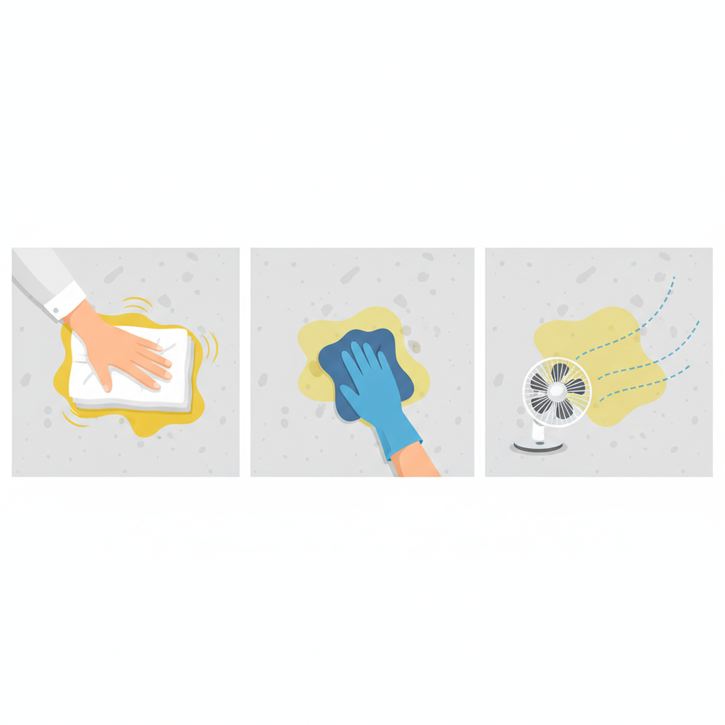 A multi-panel flat illustration depicting the immediate steps to clean fresh cat urine from screed. The first panel shows a hand pressing a stack of absorbent paper towels firmly onto a wet, yellow urine stain on a light grey screed floor, with liquid being soaked up. The second panel illustrates a hand gently dabbing the same area with a clean, damp cloth, removing surface residue. The third panel shows the now-dampened spot with a small, stylized fan blowing air across it, symbolizing the drying process. The overall style should be clean, professional, and easy to understand with a top-down perspective.