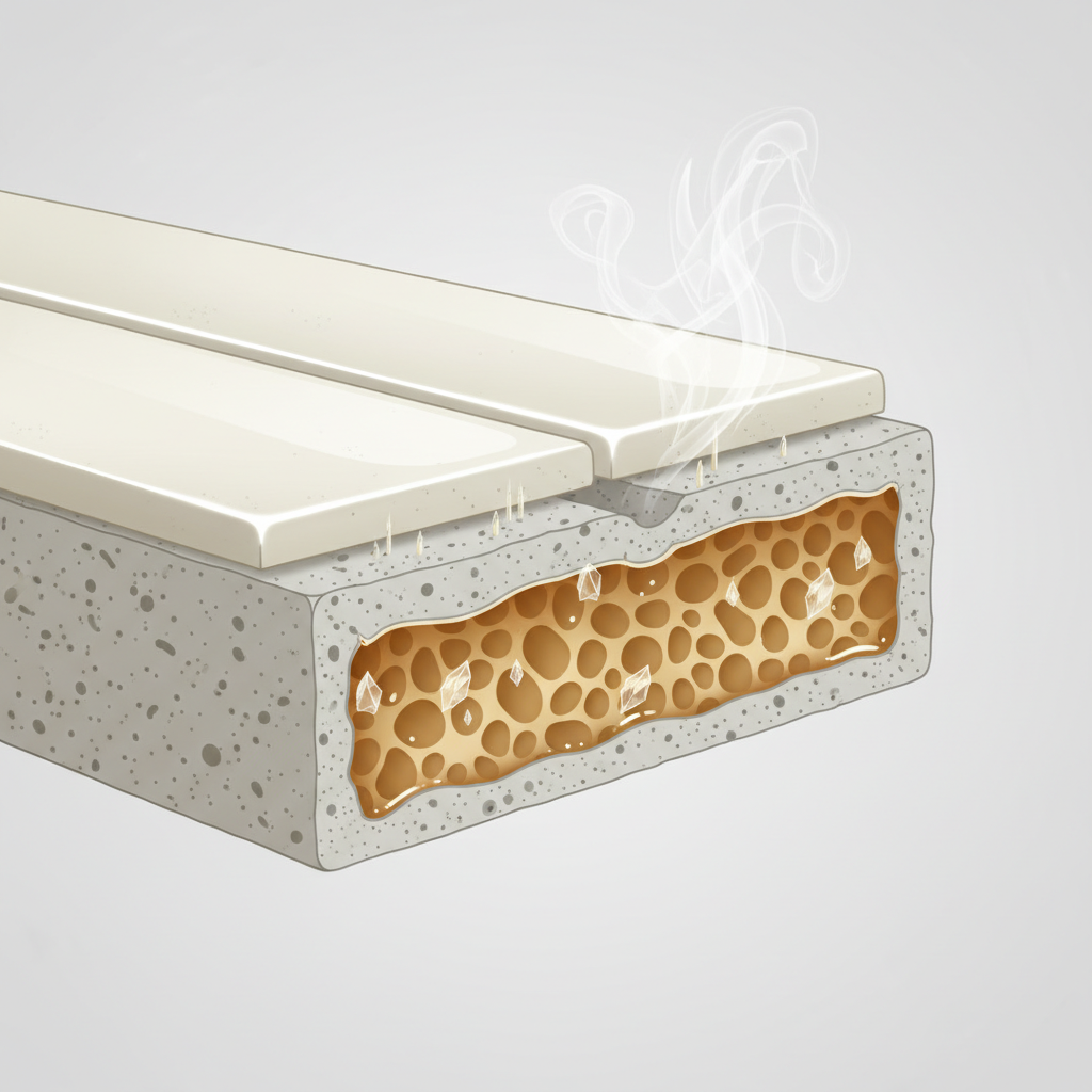 A detailed, close-up cross-section scientific illustration of tile and grout. Show two ceramic tiles with a segment of porous grout between them. The grout should be visually saturated with a light amber-colored liquid, depicting urine deeply absorbed into its sponge-like structure. Tiny, crystalline particles are embedded within the grout pores, illustrating the uric acid crystals. A faint, swirling vapor pattern emanates subtly from the grout, hinting at odor. The background is clean and neutral. Style: Clean, modern scientific infographic with a cutaway view.