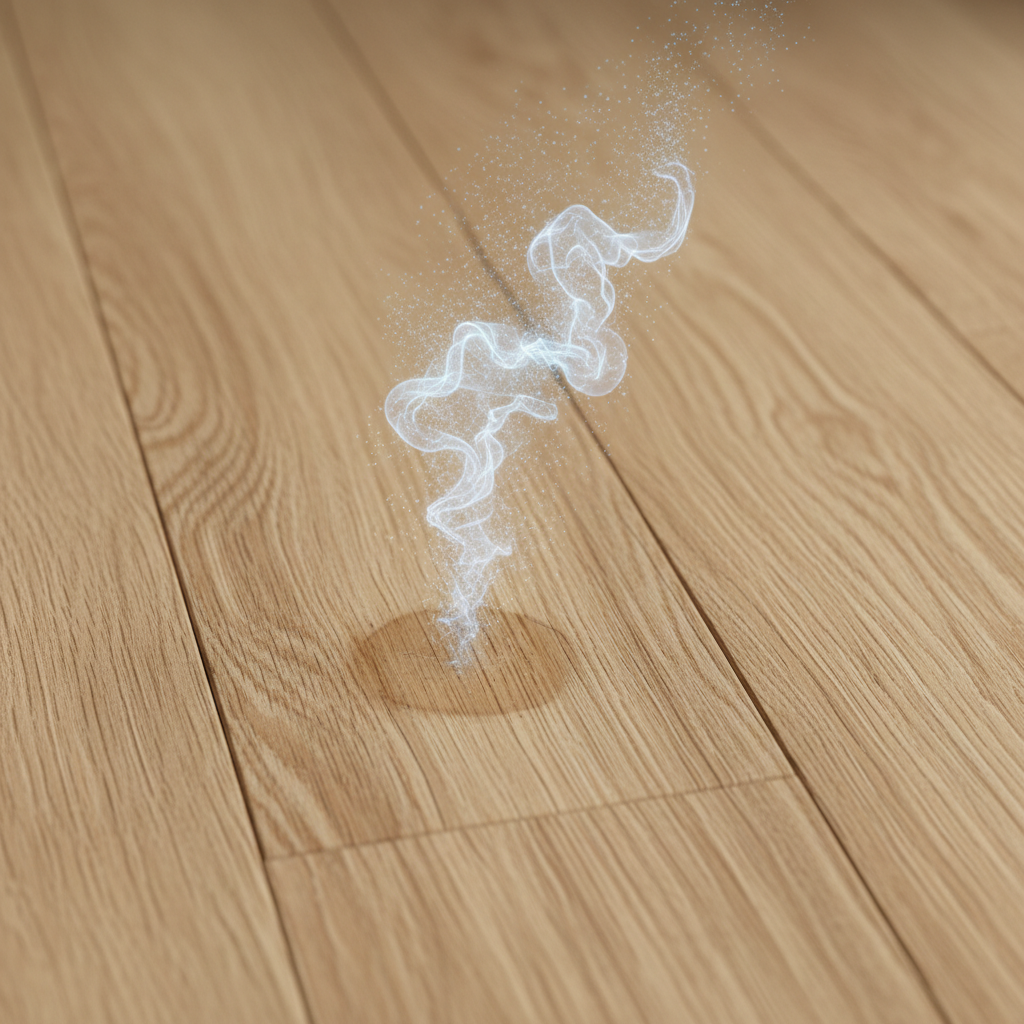 A detailed close-up professional photo of a light-colored wooden floor, showing a subtle, slightly darker, circular stain that has seeped into the wood grain. Above the stain, a very faint, almost shimmering, translucent cloud of microscopic, wavy lines or abstract particles visually represents the persistent odor, subtly rising from the wood surface. The focus should be on the texture and porous nature of the wooden planks, emphasizing the problem.