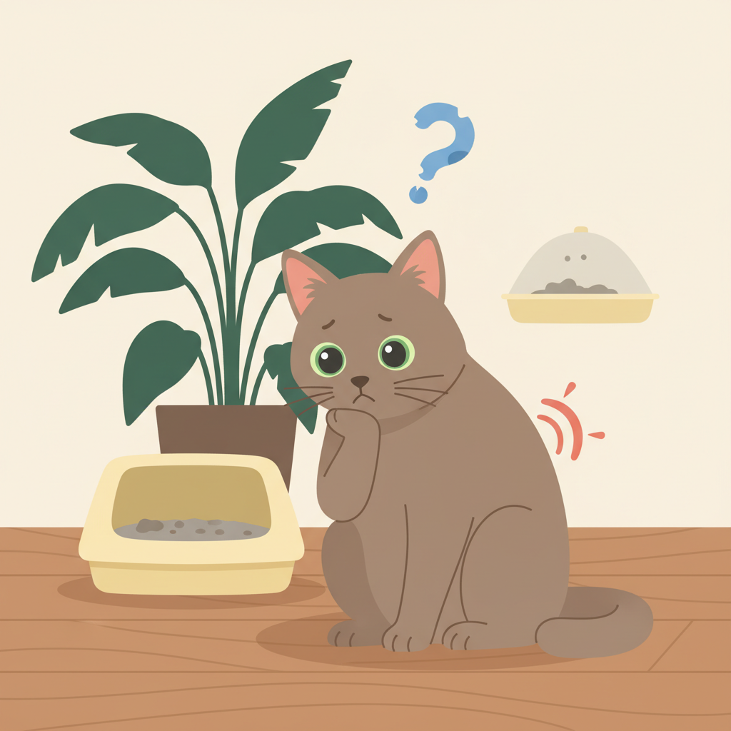 A modern flat illustration depicting a cat in a thoughtful or slightly distressed posture, sitting beside a polished wooden floor. Various subtle, abstract thought bubbles or transparent symbols float around the cat, representing common reasons for inappropriate urination: a tiny, abstract 'ache' symbol over its back for discomfort, a small, question mark above its head for stress, and a half-hidden, slightly too-small or dirty litter box in the background. The cat should look concerned, not angry, highlighting behavioral and medical causes.