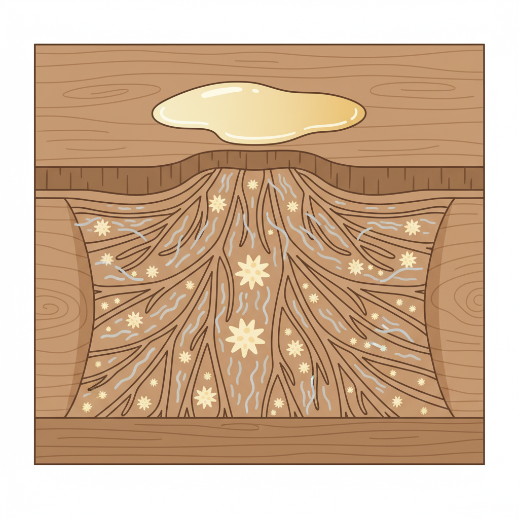 A detailed cross-section illustration of a wooden furniture surface. A small, yellowish liquid puddle representing cat urine sits on the top layer. Beneath it, the liquid is shown penetrating deep into the wood's pores and fibers, with microscopic, spiky crystal structures (representing uric acid) embedded within the wood. Faint, wavy lines emanate from these crystals, visually conveying the persistent odor. The surrounding wood shows subtle discoloration and slight swelling, illustrating the damage. The style should be clean and informative, akin to a scientific diagram but with an approachable, flat illustration aesthetic, using a natural wood color palette with a touch of yellow and grey.