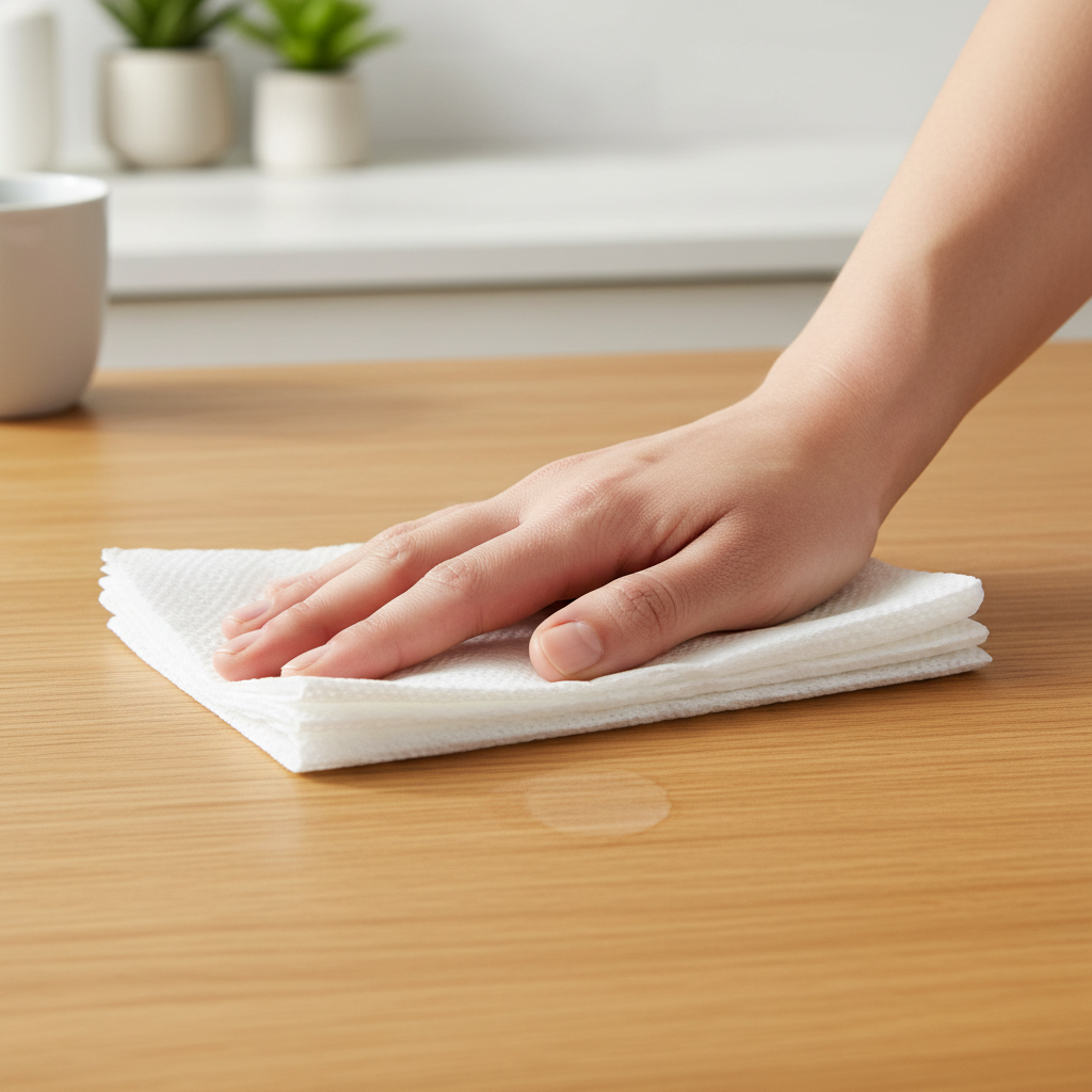 A professional photo, close-up perspective, showing a human hand (clean and well-maintained) firmly but gently pressing a stack of pristine white, absorbent paper towels onto a small, faintly discolored spot on a polished wooden tabletop. The wood's natural grain and warm tones are clearly visible, indicating quality furniture. The lighting is bright and natural, highlighting the action of absorption. The background is softly blurred, suggesting a clean, domestic setting, ensuring the focus remains entirely on the immediate, practical step of cleaning the affected wooden surface. The image conveys urgency and careful attention to detail.