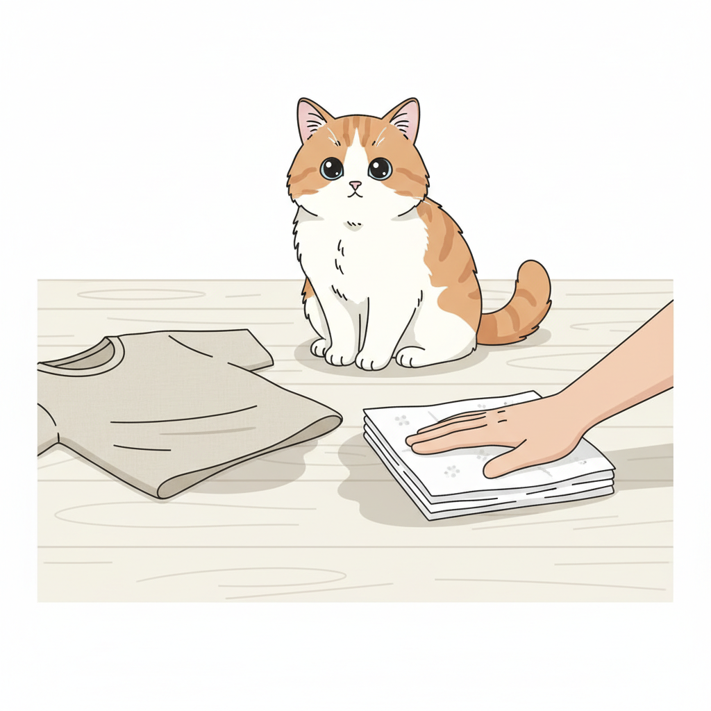 A clean, minimalist flat illustration depicting a common household scene. A fluffy cat with large, innocent eyes is sitting next to a light-colored t-shirt or pair of trousers lying on a wooden floor, where a subtle, slightly darker wet patch is visible. A human hand, entering from the side, is gently pressing a stack of absorbent white paper towels onto the wet spot. The overall mood should be one of gentle action and problem-solving, without showing extreme distress. The color palette should be soft and inviting, suitable for a blog post.