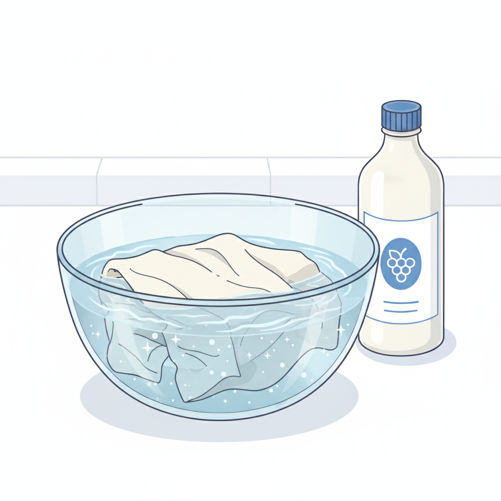A bright, clear infographic-style illustration demonstrating a cleaning process. In the foreground, a translucent glass bowl is filled with a light, clear liquid, with a folded piece of clothing (e.g., a crumpled t-shirt) partially submerged and soaking. Next to the bowl, a generic bottle of white vinegar is positioned, suggesting its primary ingredient. The background is simple and uncluttered, perhaps a clean countertop. The focus is on the act of soaking and the natural cleaning agent. The style should be modern, clean, and easy to understand visually, emphasizing the solution.