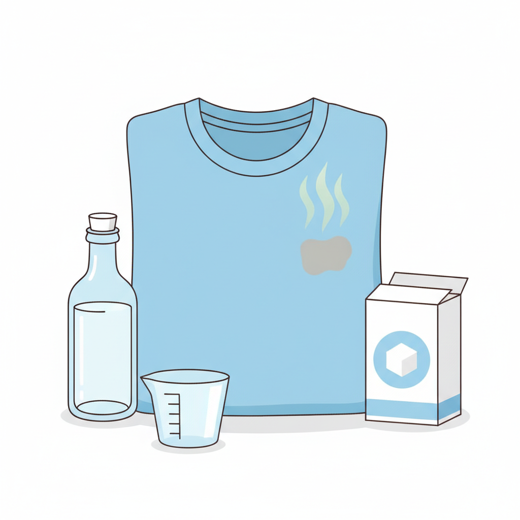 A close-up of a folded piece of clothing, like a t-shirt or jeans, with a subtle, stylized stain area. From this area, faint, wavy lines or a light, unpleasant color gradient gently waft upwards, symbolizing a persistent bad odor. Arranged around the clothing are common household remedies: a simple bottle of white vinegar, a package or box of baking soda, and a clean, small measuring cup. The composition is bright and clean, conveying a sense of practical problem-solving. Flat illustration style with soft, inviting colors and clear outlines.