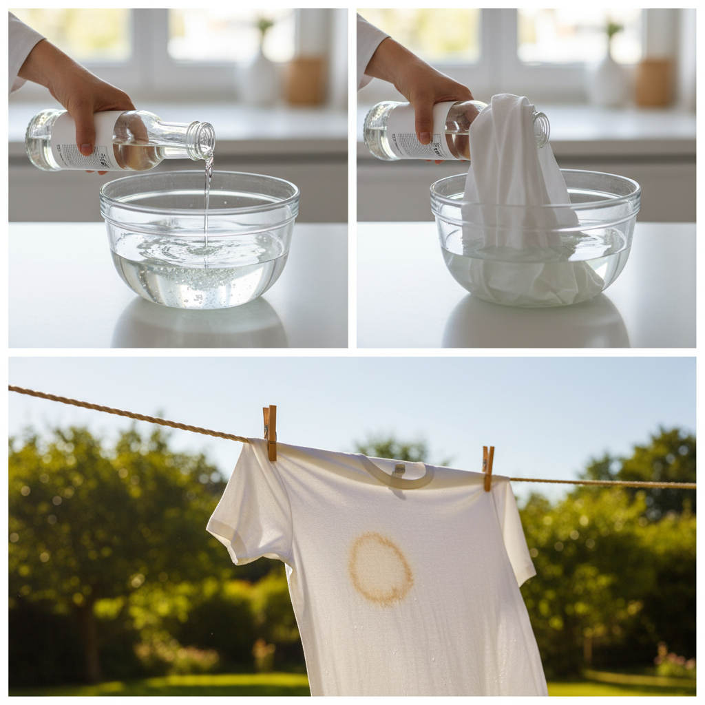 A three-panel sequence or a composite image demonstrating the use of vinegar. The first panel shows a hand pouring white vinegar into a clear bowl containing water. The second panel depicts a piece of stained clothing fully submerged and soaking in this vinegar-water solution within the bowl. The final element shows the same piece of clothing hanging on an outdoor clothesline, gently air-drying in sunlight. The scene emphasizes cleanliness and a methodical approach. Realistic photo style with bright, natural lighting and clear focus on the actions.