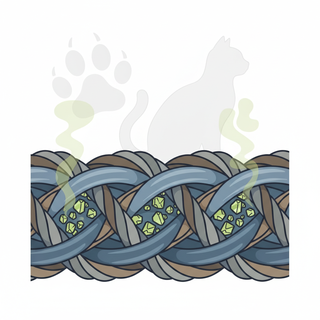A detailed scientific illustration depicting textile fibers magnified, with small, crystalline-like molecules (representing uric acid) stubbornly embedded deep within the threads. These molecules should have a slightly unpleasant, perhaps greenish-yellow tint, and emit subtle, almost invisible wisps, symbolizing the persistent odor. In the background, a very faint, abstract outline of a cat's paw print or a cat's silhouette. The image should visually communicate the deep-seated nature of cat urine contamination. Style: Modern scientific diagram meets flat illustration, with a clean yet slightly somber color palette.