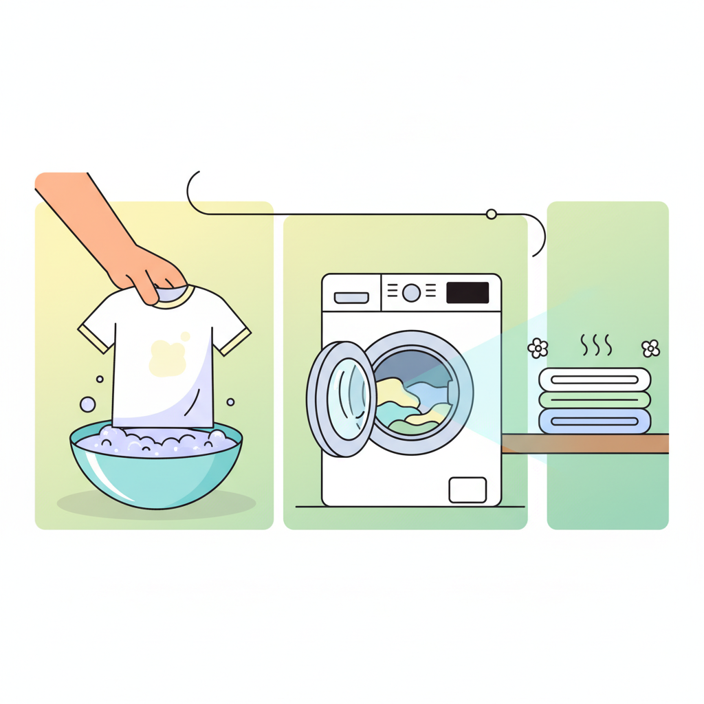 A multi-stage flat illustration showing the process of removing cat urine. On the left, a piece of clothing (e.g., a t-shirt) with a faint, yellowish stain is being gently submerged into a bowl filled with a bubbly, active pre-treatment liquid, perhaps with a hand visible. On the right, a sleek, modern washing machine with its door slightly ajar, emitting a soft glow of cleanliness and freshness, implying the final wash. Nearby, a stack of perfectly folded, clean, and fresh-smelling laundry symbolizes the successful outcome. Style: Bright, clean, and optimistic flat illustration with clear visual progression and a vibrant color scheme.