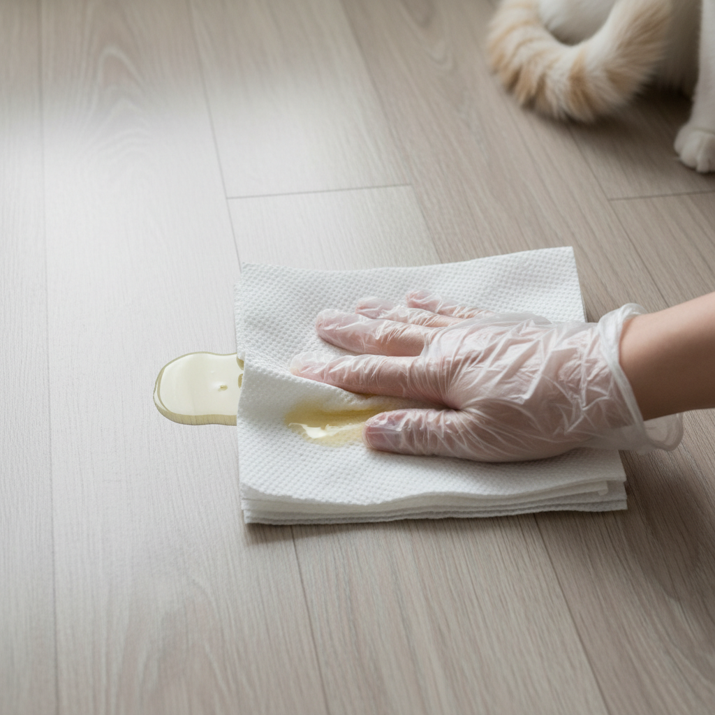A top-down, professional photo depicting an urgent clean-up scenario on a light wood-grain laminate floor. A small, fresh puddle of cat urine is visible, and a hand (wearing a clear glove if possible) is firmly pressing a stack of white, absorbent paper towels onto the liquid, effectively soaking it up. The scene highlights immediate action and efficiency, with soft, natural lighting. A fluffy cat's tail or paw might be subtly visible in the background, suggesting the source without being the main focus.