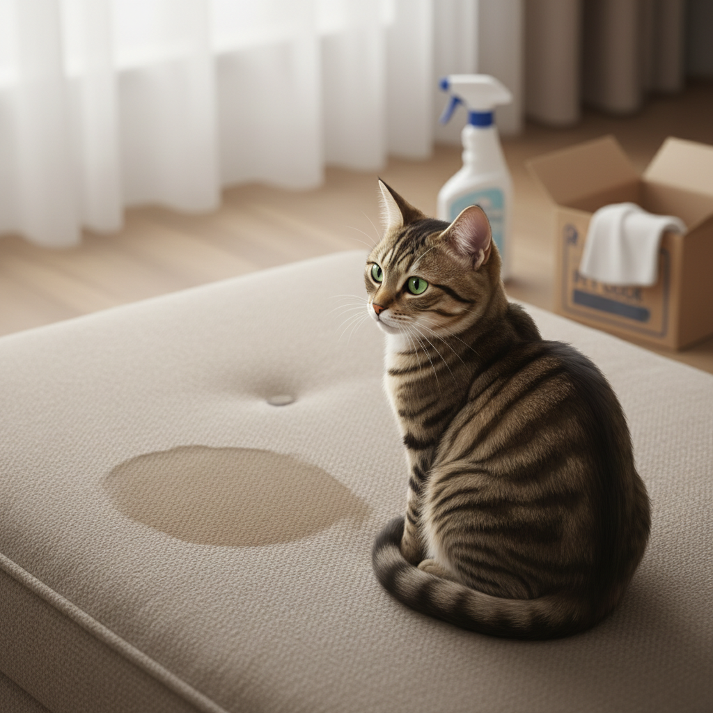 A close-up, soft, realistic digital illustration focusing on a section of a comfortable, upholstered sofa. A subtle, damp stain is visible on the fabric, hinting at a recent cat urination incident without being overly graphic. Nearby, a domestic cat sits, looking slightly contemplative or perhaps away from the stain, suggesting the cause. In the background, slightly out of focus, subtle hints of cleaning supplies like a spray bottle or a box of baking soda are visible, indicating the article's focus on solutions. The overall mood is slightly problematic but hopeful for resolution.