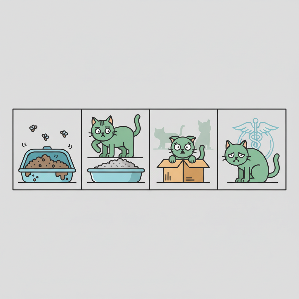 A multi-panel or composite flat illustration using a clean, infographic style. The image should visually represent common reasons why a cat might urinate outside its litter box. One section shows a visibly dirty litter box next to a clean one, with a cat looking displeased. Another section depicts a cat looking anxious or stressed, perhaps hiding or reacting to a subtle environmental change in the background (e.g., a blurred moving box or a new pet's silhouette). A third, smaller section could subtly hint at a medical cause, perhaps by showing a cat looking uncomfortable with a faint, abstract medical symbol (like a cross or caduceus, but very abstract and non-textual) in the background. The overall image should be educational and easy to understand at a glance.