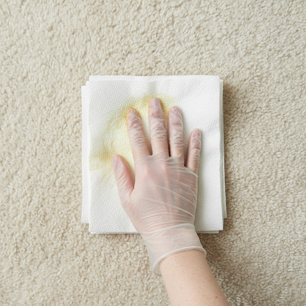 A top-down, brightly lit professional photo showing a fresh, slightly damp cat urine stain on a neutral-colored, plush carpet. A human hand, clad in a clean, disposable glove, is firmly pressing a stack of highly absorbent white paper towels onto the wet spot, effectively soaking up the liquid and preventing it from spreading. The surrounding carpet should appear clean and soft, emphasizing the contrast with the incident. The focus is on the immediate, decisive action of absorption and the visible effectiveness of the paper towels drawing moisture from the fibers.