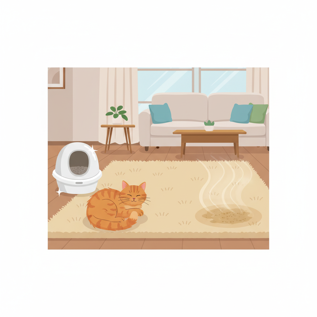 A vibrant, clean flat illustration depicting a cozy living room scene with a beige, textured carpet. On one side, a content, relaxed cat is peacefully sleeping or grooming near a pristine, inviting litter box, suggesting ideal conditions. On the other side of the carpet, there's a very subtle, almost translucent discoloration or slightly textured area, representing a lingering, dry stain. A faint, barely visible ripple or shimmer effect emanates abstractly from this spot, visually indicating a hidden odor without any specific symbols or text. The overall atmosphere should be one of a clean home, with just a hint of a persistent underlying problem.