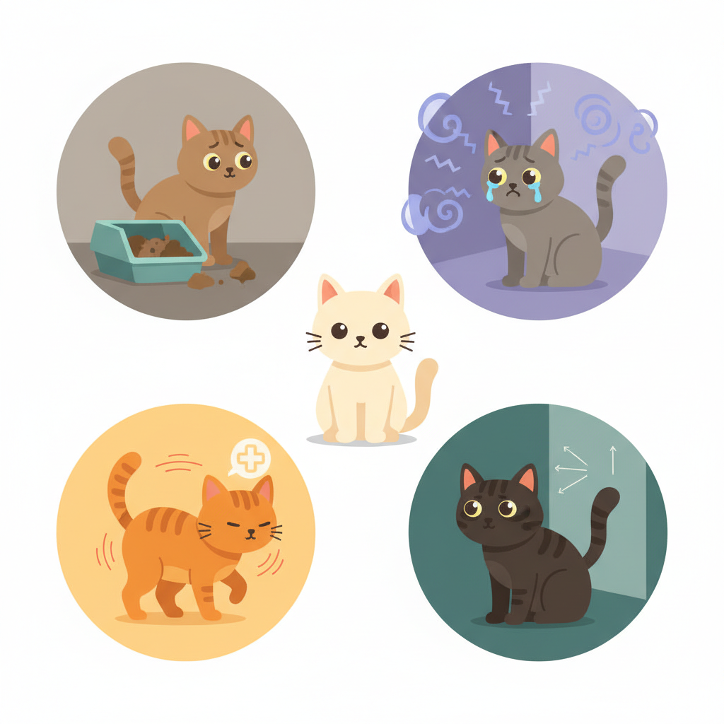 A clean, illustrative infographic style image depicting various reasons why a cat might urinate outside its litter box. The central element is a stylized, neutral-colored cat figure. Surrounding it are four distinct, small vignettes. One vignette shows a cat looking distressed with a small, dirty litter box nearby. Another shows a cat with worried eyes, surrounded by subtle symbols of stress like faint zigzags. A third vignette shows a cat with a paw slightly lifted, suggesting discomfort or medical issue. The fourth shows a cat with a determined expression, subtly indicating territorial marking. The overall style is flat illustration with a soft, friendly color palette, clearly differentiating each scenario without needing labels.