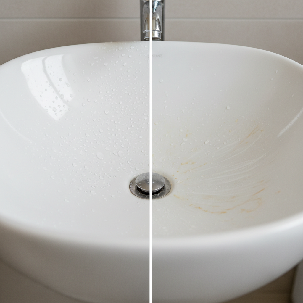 A pristine, sparkling white ceramic bathroom sink, half of it gleaming brilliantly with water droplets, reflecting light like a diamond. The other half, subtly separated by an invisible line, displays a duller surface with visible, light limescale deposits and faint soap residue, hinting at its 'before' state. The overall impression should be a stark contrast between a meticulously clean, cared-for surface and one needing attention. Professional, high-key photography style with bright, natural lighting.
