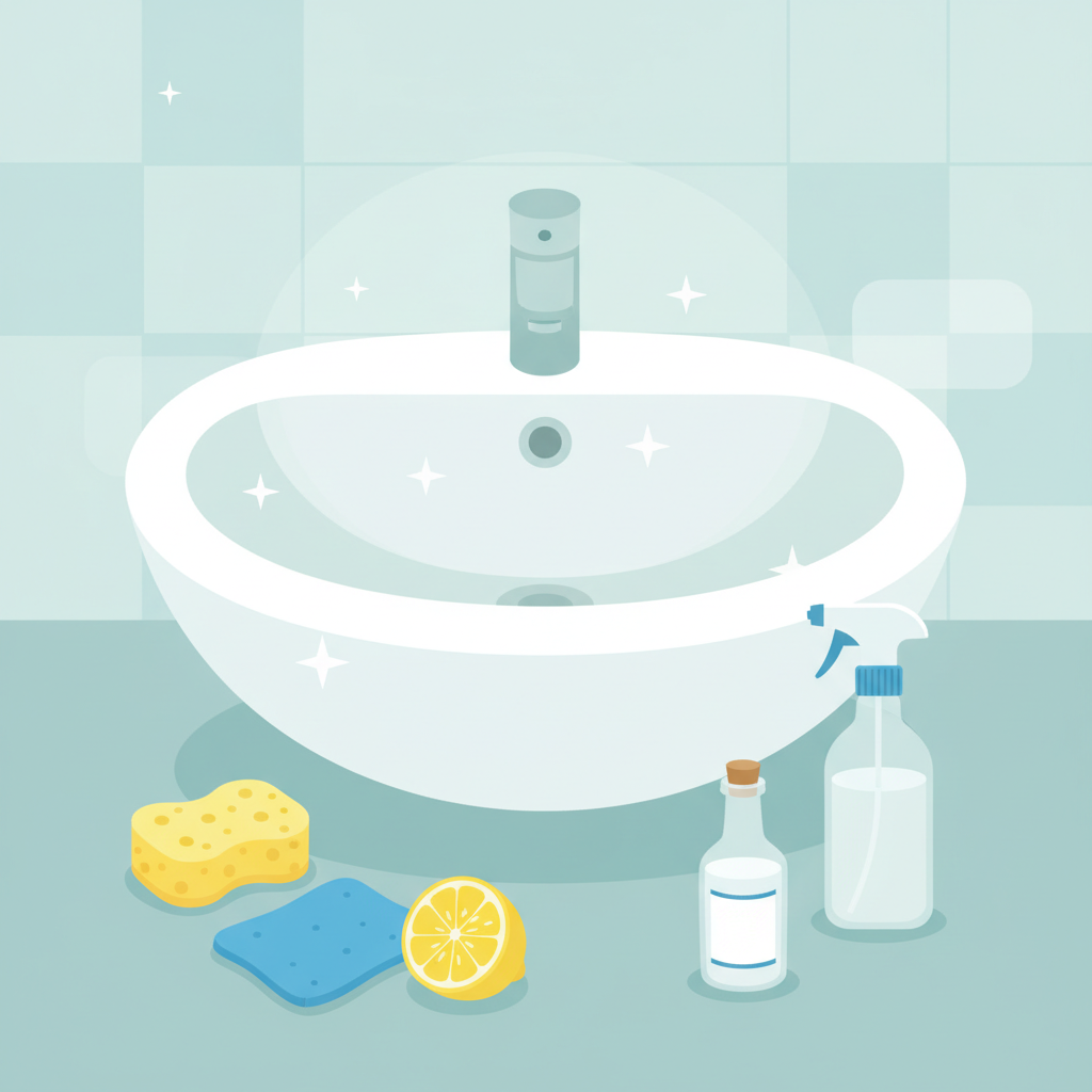 A vibrant, flat illustration depicting a clean, shiny white ceramic bathroom sink, radiating a soft glow and subtle sparkle effect. Neatly arranged around the sink are various cleaning tools and natural remedies: a soft sponge, a microfiber cloth, a cut lemon half, a small bottle of white vinegar, and a generic, unbranded cleaning spray bottle. The background is minimalist, suggesting a clean bathroom environment. The scene conveys ease of cleaning and the effectiveness of different methods.