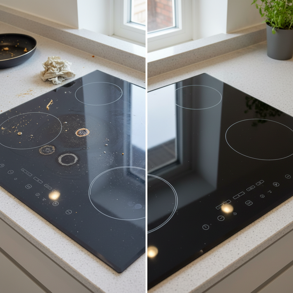 A modern kitchen scene focusing on a ceramic induction cooktop. The image is split down the middle or presents a clear 'before and after' comparison. On one side, the dark, sleek cooktop is marred by dried food splatters, grease marks, and a few slightly burnt-on residues, looking dull. On the other side, the same cooktop is immaculately clean, gleaming with a reflective, streak-free surface that mirrors faint kitchen lights, showcasing its renewed elegance. Style: High-quality, professional product photography with natural lighting, emphasizing realism and contrast.