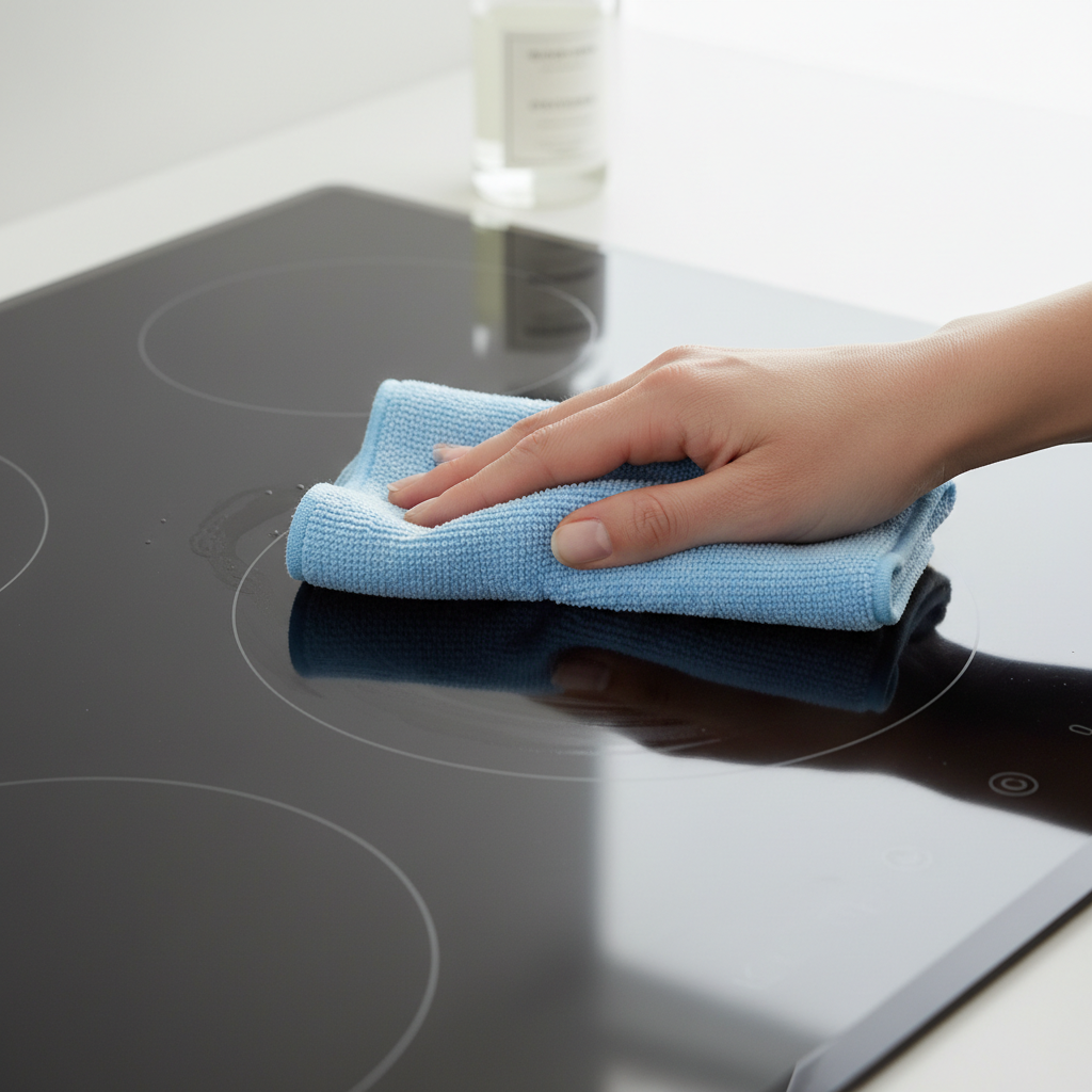 A close-up, top-down view of a hand gently cleaning a sleek, dark ceramic cooktop. The hand, with clean fingernails, holds a soft, damp microfiber cloth, wiping away a faint, barely visible smudge or a few water droplets. A small, subtle bottle of mild dish soap is in the background, slightly out of focus, suggesting a cleaning aid. The cooktop surface is mostly clean and reflective, and the motion of the hand conveys a quick, easy, and routine wipe-down. Style: Bright, clean lifestyle photography with a focus on hands and objects, conveying a sense of ease and everyday maintenance.