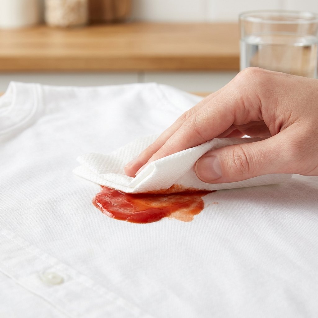 A professional photo, brightly lit, showing a close-up of a common fabric, perhaps a white cotton shirt or a light-colored tablecloth, with a noticeable fresh red ketchup stain. A clean, gentle hand is carefully dabbing the stain with a clean white paper towel or cloth, demonstrating the immediate action of blotting without rubbing. The scene should convey a sense of quick, effective problem-solving in a household setting, with good focus on the stain and the dabbing action.