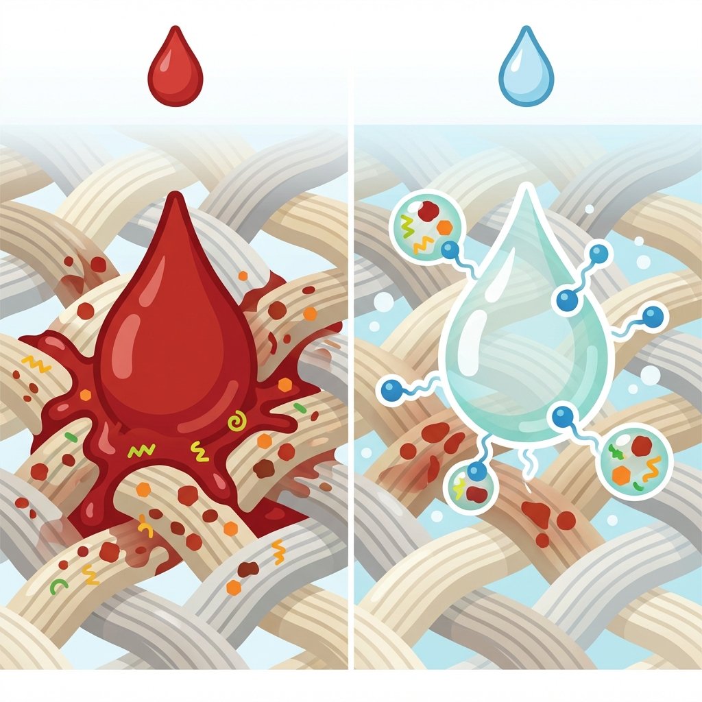 A clean, modern flat illustration in an infographic style, depicting the microscopic interaction of ketchup with fabric fibers. On one side, a stylized red ketchup drop is shown having penetrated deep into the weave of a fabric, with small abstract elements representing pigments, sugar, and acid clinging to the fibers. On the other side, a clear, stylized droplet of dish soap is shown actively lifting or dissolving these ketchup elements from the same type of fabric, illustrating the cleaning process. The colors should be vibrant yet clean.