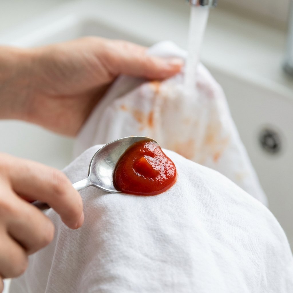 A close-up, professional photo showing the initial steps of ketchup stain removal. A fresh, vibrant red ketchup fleck is on a white fabric surface. A hand gently uses the side of a spoon or a flat plastic scraper to carefully lift and remove the excess ketchup. In a slightly blurred background, another hand holds the stained fabric under a stream of cold water, aiming at the reverse side of the stain. The scene conveys quick, precise action and cleanliness.