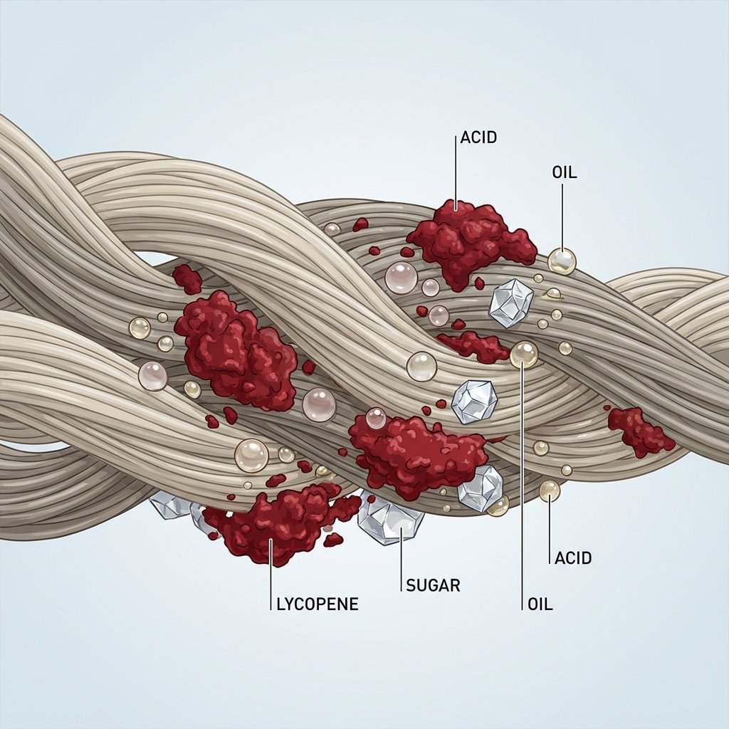 A detailed scientific illustration depicting a magnified view of fabric fibers entangled with components of a ketchup stain. Show the fibers in a neutral color. Deep red, irregular pigment particles (representing lycopene) are visibly embedded within and clinging to the fibers. Alongside, smaller, translucent droplets (acid), shiny crystalline structures (sugar), and tiny oily spheres are intertwined, illustrating the complex, multi-component nature of the stain that makes it so stubborn. The style is clear, precise, and informative.