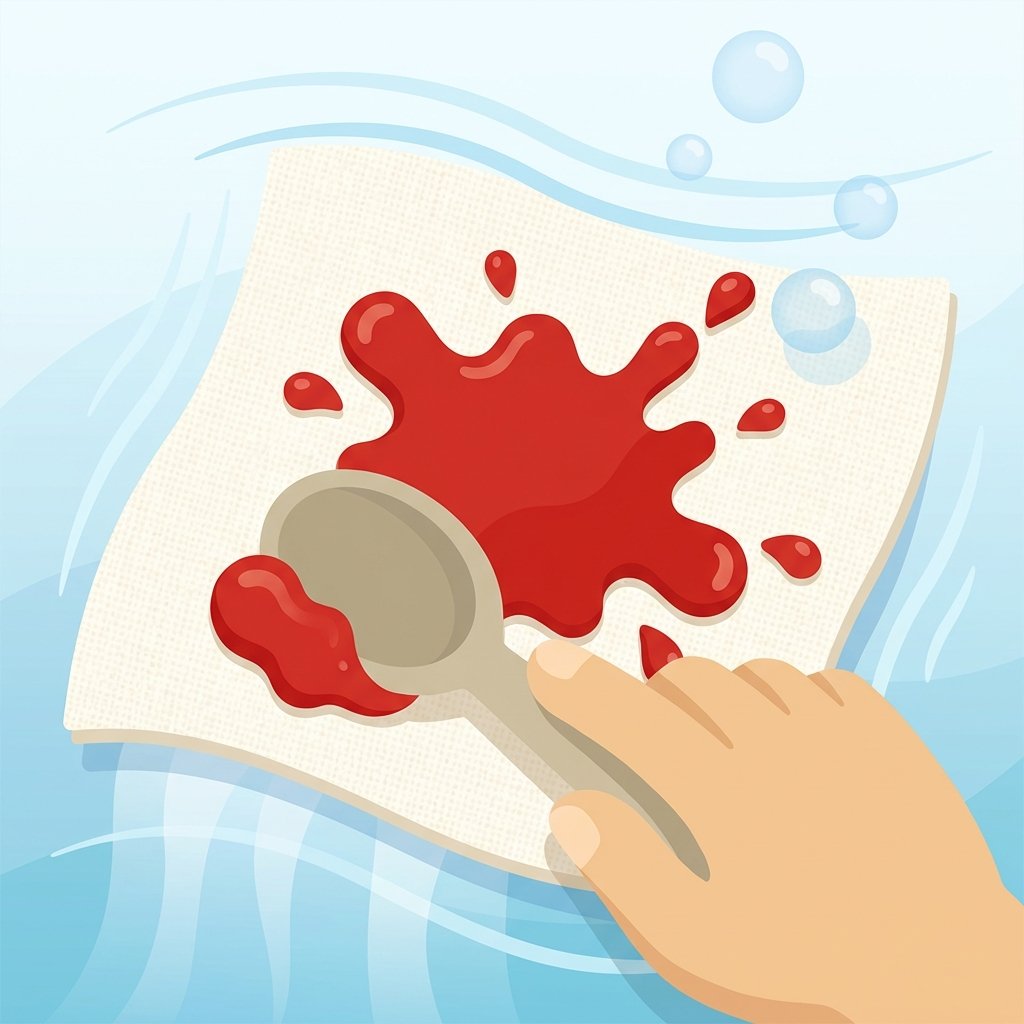 A vibrant, stylized flat illustration depicting the initial steps of ketchup stain removal. A bright red ketchup splat is prominently displayed on a light fabric, like a white cotton t-shirt. A minimalist hand, using a beige spoon or dull knife, is carefully scraping excess ketchup away from the fabric. In the background, a subtle visual metaphor of cold water rinsing from the underside of the fabric is shown, perhaps with faint blue lines or a gradient, without explicitly showing a faucet or sink. The focus is on gentle, immediate action.