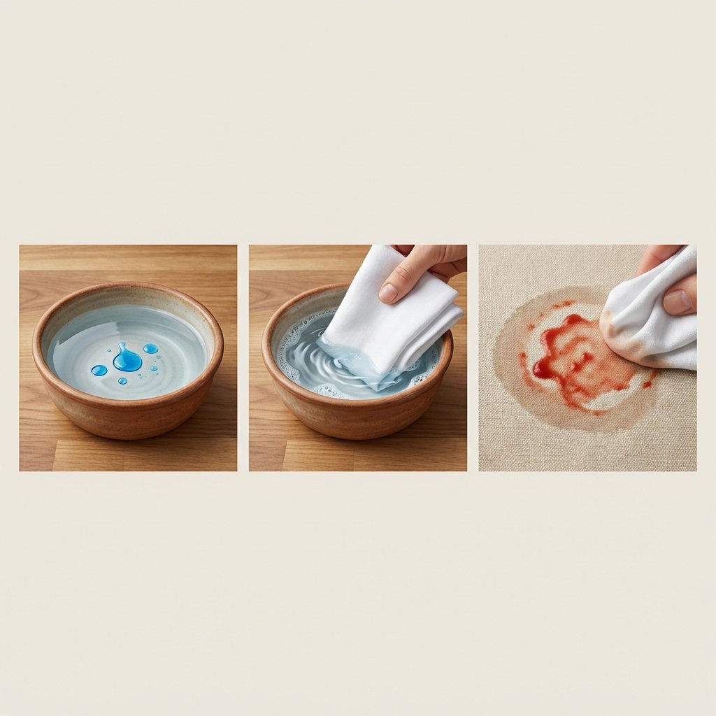 A series of three clear, professional-quality photorealistic digital illustrations, presented side-by-side to show the 'Dish Soap and Water' method. The first image shows a small ceramic bowl containing clear water with a few drops of blue or green liquid dish soap. The second image shows a clean, folded white cloth being dipped into the soapy water solution. The third image displays the wet cloth gently dabbing at a visible but lighter red ketchup stain on a textured fabric surface, illustrating the outside-in motion.