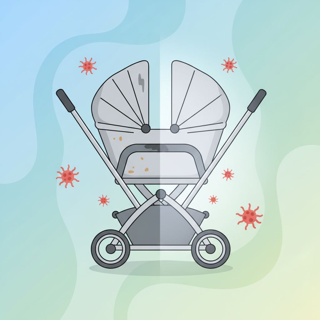 A vibrant, modern flat illustration depicting a split scene. On the left, a light grey baby stroller is visibly used, with subtle crumbs scattered on the seat, a faint smudge on the handle, and abstract, tiny, red 'germ' microbe shapes hovering around its interior. The scene conveys neglect and dirt. On the right, the exact same stroller appears pristine and sparkling clean, with a gentle, hygienic glow emanating from its fabric. There are no crumbs or germs, signifying perfect cleanliness. A soft, inviting background unifies both halves, emphasizing the transformation from dirty to perfectly hygienic and ready for a baby.