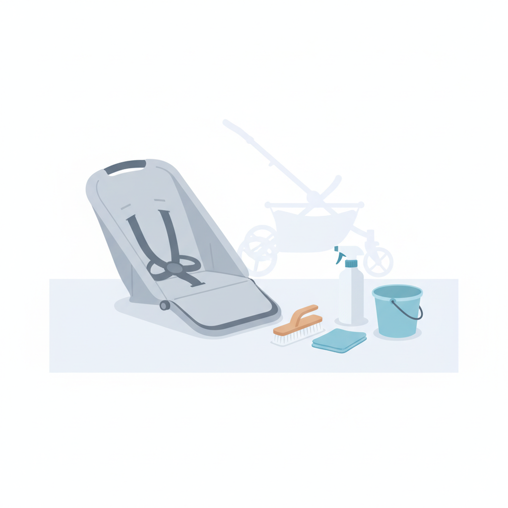 A clean, modern flat illustration focusing on the preparation for cleaning a baby stroller. The central element is a stroller's fabric seat component gently placed on a light, uncluttered surface, detached from its frame. Alongside it, an organized array of generic cleaning tools is neatly arranged: a soft-bristled brush, a plain spray bottle, a clean microfiber cloth, and a small, empty bucket. In the background, subtly out of focus, parts of the stroller frame are visible. The scene suggests a meticulous, step-by-step approach to thorough hygiene and care.