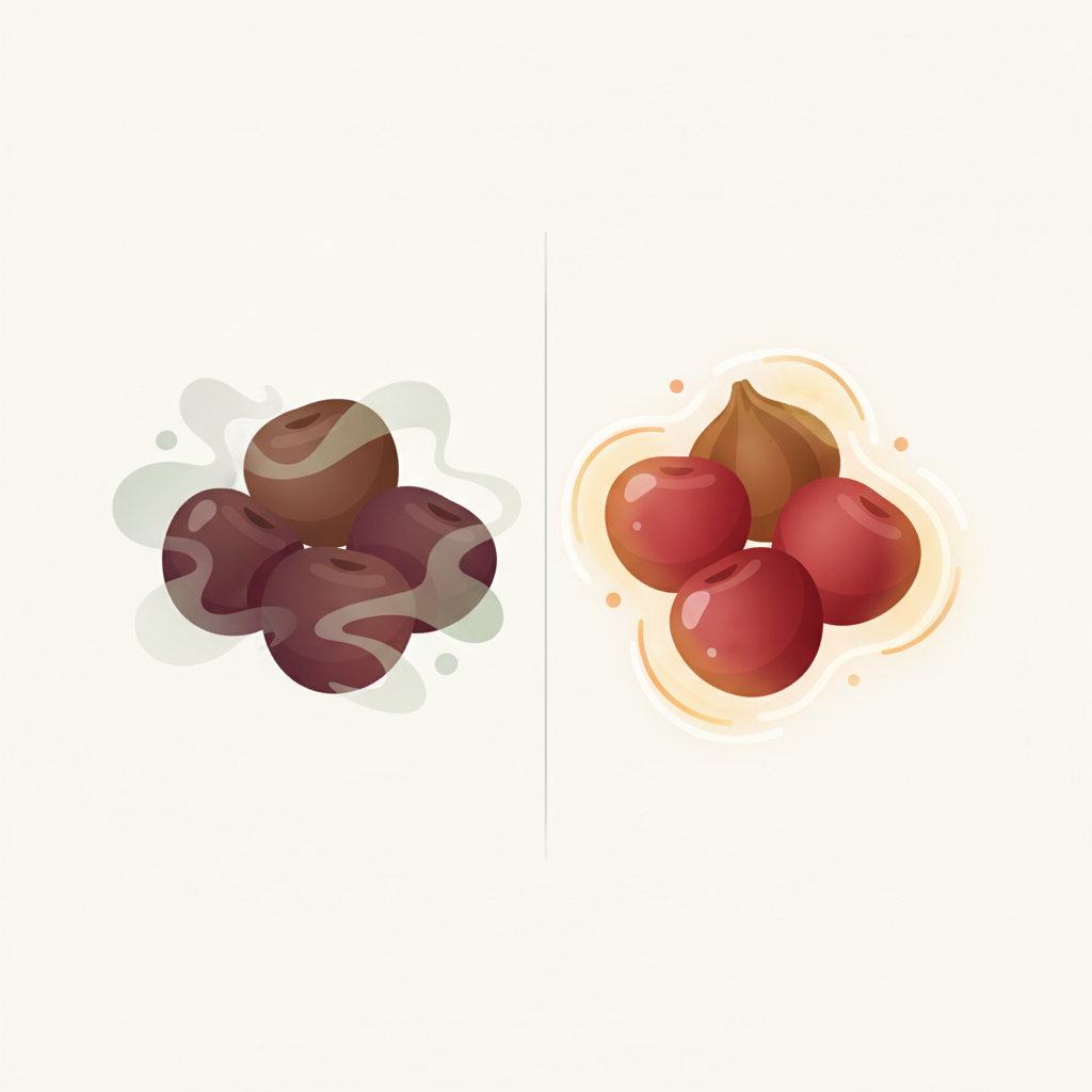 A clean, modern flat illustration divided into two conceptual sections. On the left side, a stylized collection of cherry pits appears slightly dull and surrounded by subtle, abstract wavy lines suggesting unseen impurities or odors. On the right side, the same cherry pits are depicted as bright, clean, and radiant, encircled by soft, glowing lines symbolizing hygiene, freshness, and warmth. The overall composition conveys the clear contrast and benefits of cleaning, with a focus on visual storytelling rather than literal dirt. The background is simple and uncluttered.