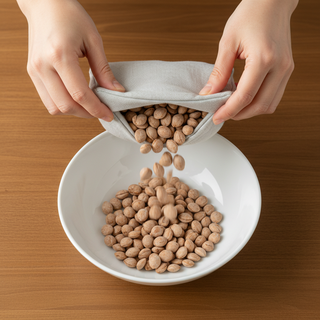 A professional, close-up photo from an overhead perspective, showcasing a pair of gentle hands carefully opening a fabric cherry pit pillow. The hands are in the process of tilting the pillow, allowing a stream of natural, light brown cherry pits to pour smoothly into a clean, white ceramic bowl situated on a warm, wooden table. The focus is sharp on the pits and the action, emphasizing the tactile experience and the first steps of the cleaning preparation. The lighting is soft and diffused, creating a calm and inviting atmosphere.