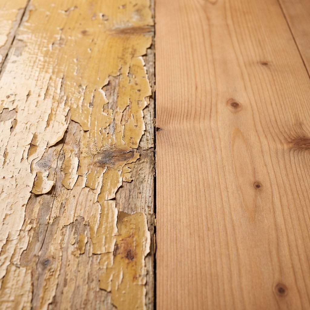 A close-up, professional studio photograph showing a wooden surface split into two distinct sections. On the left, the wood exhibits an old, yellowed, and visibly peeling clear lacquer finish, suggesting age and wear and tear. On the right, the same wooden surface appears clean, smooth, and reveals its natural, warm wood grain, indicating that the lacquer has been successfully removed. The contrast should be stark, highlighting the transformative effect of lacquer removal. The lighting is soft and even, emphasizing texture and detail of both the old finish and the restored wood.