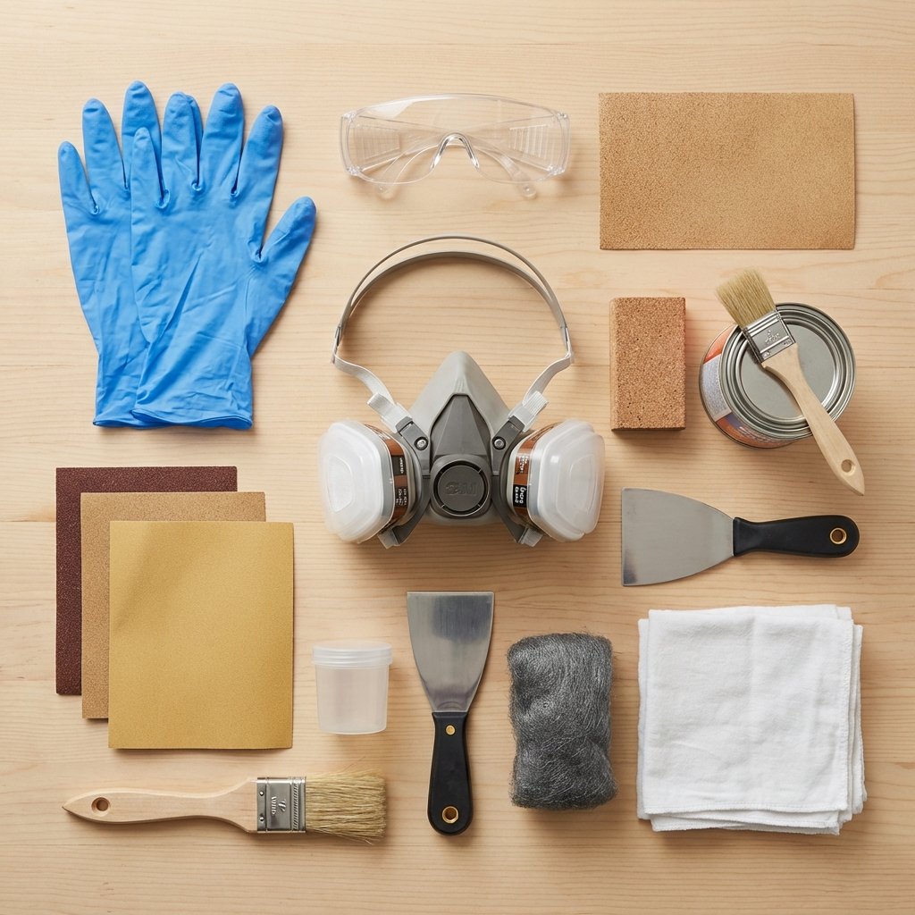 A detailed flat lay photograph showcasing a comprehensive collection of tools and materials essential for removing clear lacquer from wood. Items are neatly arranged on a clean, light-colored workbench or background. Prominently featured are safety gear like nitrile gloves, protective glasses, and a respirator. Various grits of sandpaper, a sanding block, a small can of chemical stripper, a flexible spatula, a rigid scraper, a small wad of fine steel wool, and clean cloths are all visible, clearly indicating preparation for a woodworking project. The overall impression is organized and instructional, with clear focus on each item.
