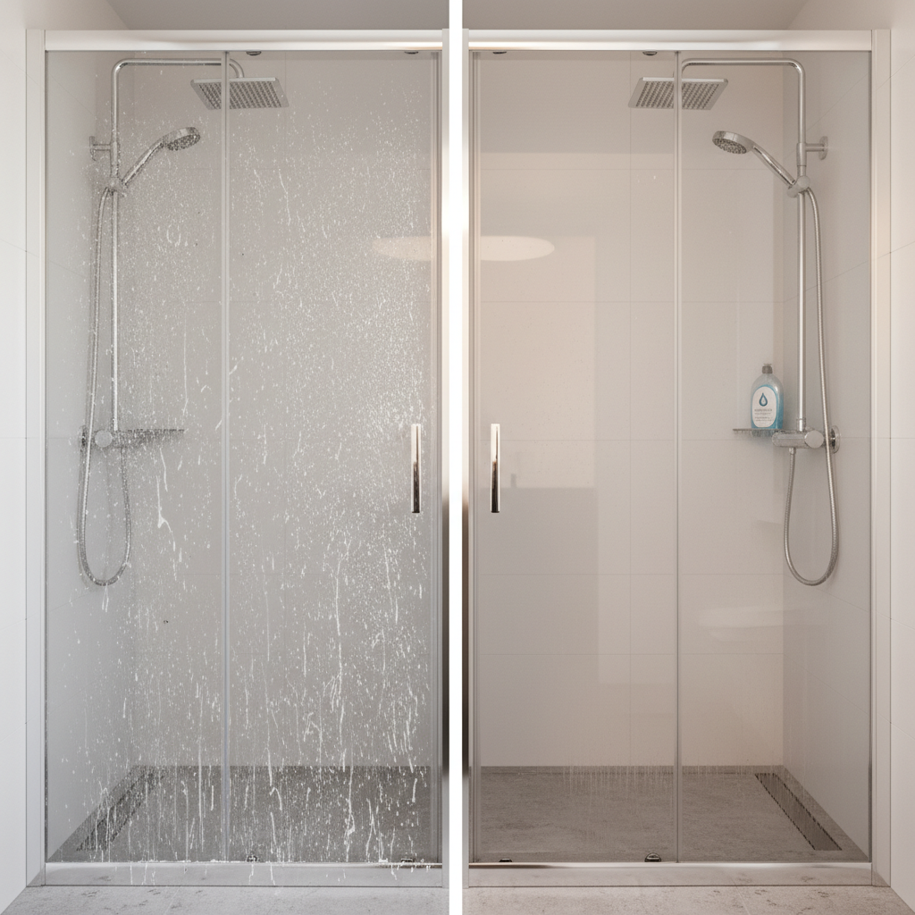 A high-quality, professional photo or photorealistic illustration of a modern shower cabin, split into two distinct sections. On the left side, the glass panel and chrome fixtures are visibly dull, covered in prominent limescale stains and water spots. On the right side, the exact same shower elements are sparkling clean, gleaming, and streak-free, reflecting light beautifully. A generic, unbranded bottle of rinse aid is subtly positioned in the background of the clean side, suggesting the solution.