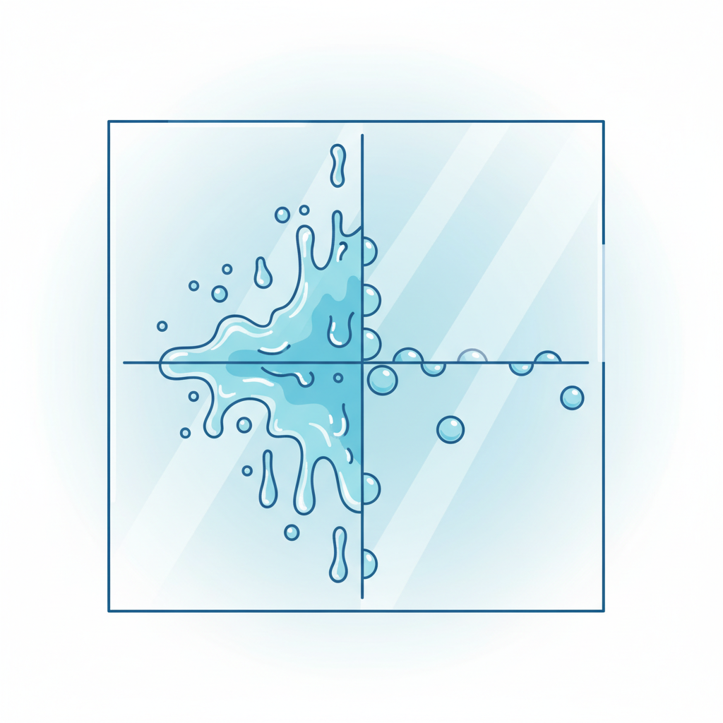 A vibrant, flat illustration depicting the scientific principle behind rinse aid. Show a close-up of a clear shower glass surface. On one half, water droplets are depicted as flat and clinging, spreading out across the surface. On the other half, representing a treated surface, water droplets are perfectly spherical and actively beading up, rolling off the glass, leaving it pristine. A subtle, transparent film effect can be hinted at on the treated surface, creating a protective barrier.